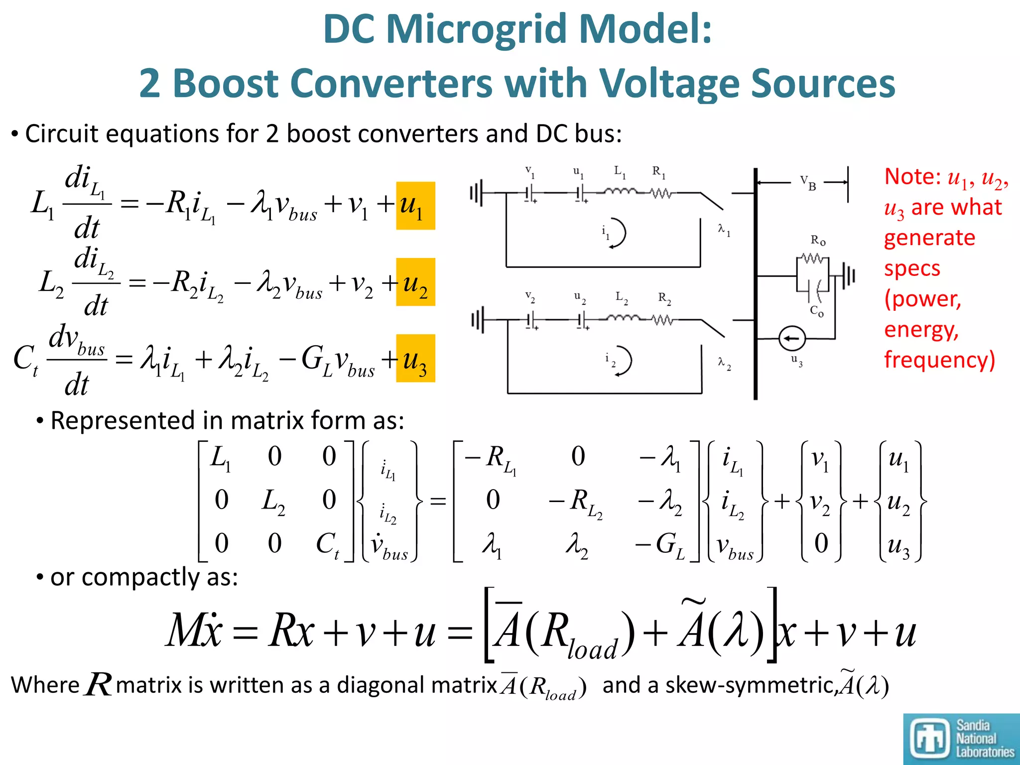 DC Microgrid Model:
2 Boost Converters with Voltage Sources
11111 1
1
uvviR
dt
di
L busL
L
 
22222 2
2
uvviR
dt
di
L busL
L
 
321 21
uvGii
dt
dv
C busLLL
bus
t  
• Circuit equations for 2 boost converters and DC bus:
Note: u1, u2,
u3 are what
generate
specs
(power,
energy,
frequency)
• Represented in matrix form as:
• or compactly as:


































































3
2
1
2
1
21
2
1
2
1
0
0
0
00
00
00
2
1
2
1
2
1
u
u
u
v
v
v
i
i
G
R
R
vC
L
L
bus
L
L
L
L
L
bus
i
i
t
L
L






  uvxARAuvRxxM load  )(
~
)( 
Where matrix is written as a diagonal matrix and a skew-symmetric,R )( loadRA )(
~
A
 