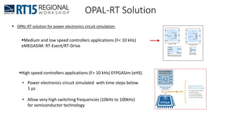OPAL-RT Solution
Medium and low speed controllers applications (F< 10 kHz)
eMEGASIM: RT-Event/RT-Drive
High speed controllers applications (F> 10 kHz) EFPGASim (eHS)
 OPAL-RT solution for power electronics circuit simulation:
• Power electronics circuit simulated with time steps below
1 μs
• Allow very high switching frequencies (10kHz to 100kHz)
for semiconductor technology
 