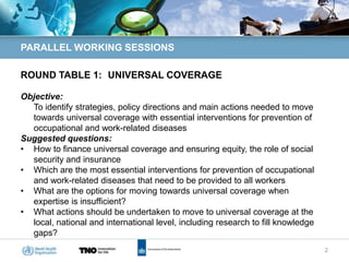 PARALLEL WORKING SESSIONS

ROUND TABLE 1: UNIVERSAL COVERAGE

Objective:
  To identify strategies, policy directions and main actions needed to move
  towards universal coverage with essential interventions for prevention of
  occupational and work-related diseases
Suggested questions:
• How to finance universal coverage and ensuring equity, the role of social
  security and insurance
• Which are the most essential interventions for prevention of occupational
  and work-related diseases that need to be provided to all workers
• What are the options for moving towards universal coverage when
  expertise is insufficient?
• What actions should be undertaken to move to universal coverage at the
  local, national and international level, including research to fill knowledge
  gaps?
                                                                                  2
 