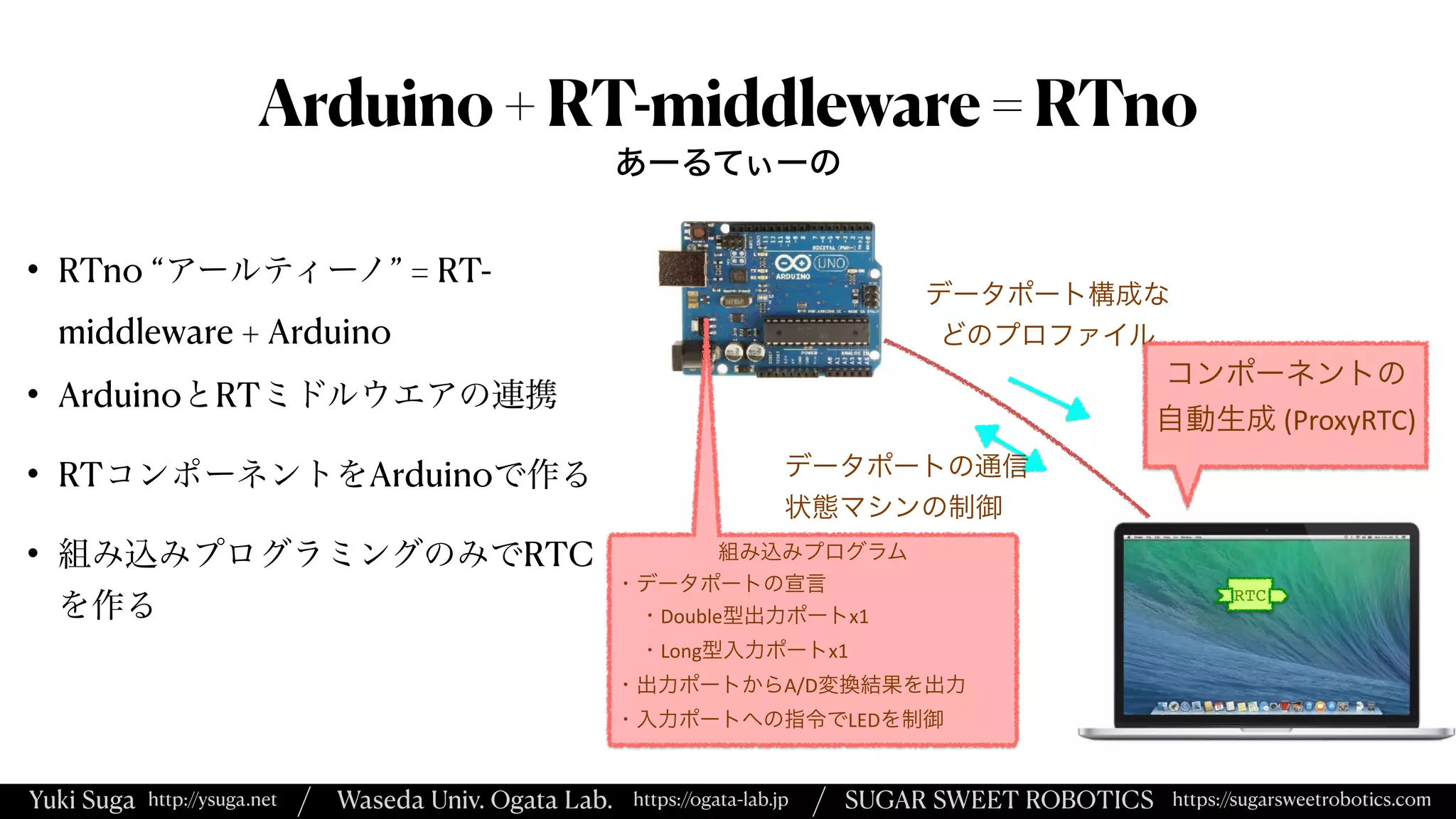 Yuki Suga Waseda Univ. Ogata Lab. SUGAR SWEET ROBOTICS
/
https://ogata-lab.jp https://sugarsweetrobotics.com
http://ysuga.net /
Arduino+RT-middleware=RTno
• RTno “アールティーノ” = RT-
middleware + Arduino


• ArduinoとRTミドルウエアの連携


• RTコンポーネントをArduinoで作る


• 組み込みプログラミングのみでRTC
を作る
あーるてぃーの
RTC
データポート構成な
どのプロファイル
データポートの通信


状態マシンの制御
組み込みプログラム


・データポートの宣言


・Double型出力ポートx1


・Long型入力ポートx1


・出力ポートからA/D変換結果を出力


・入力ポートへの指令でLEDを制御
コンポーネントの
自動生成 (ProxyRTC)
 