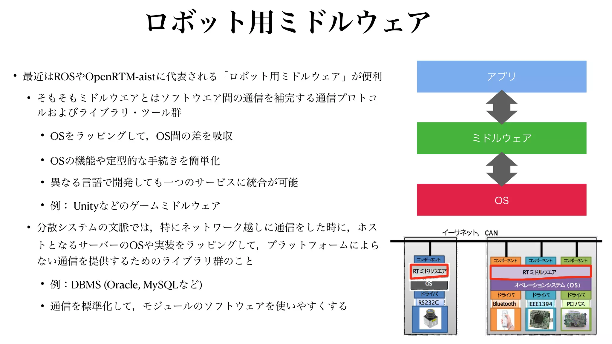 ロボット用ミドルウェア
• 最近はROSやOpenRTM-aistに代表される「ロボット用ミドルウェア」が便利


• そもそもミドルウエアとはソフトウエア間の通信を補完する通信プロトコ
ルおよびライブラリ・ツール群


• OSをラッピングして，OS間の差を吸収


• OSの機能や定型的な手続きを簡単化


• 異なる言語で開発しても一つのサービスに統合が可能


• 例： Unityなどのゲームミドルウェア


• 分散システムの文脈では，特にネットワーク越しに通信をした時に，ホス
トとなるサーバーのOSや実装をラッピングして，プラットフォームによら
ない通信を提供するためのライブラリ群のこと


• 例：DBMS (Oracle, MySQLなど)


• 通信を標準化して，モジュールのソフトウェアを使いやすくする
OS
アプリ
ミドルウェア
 