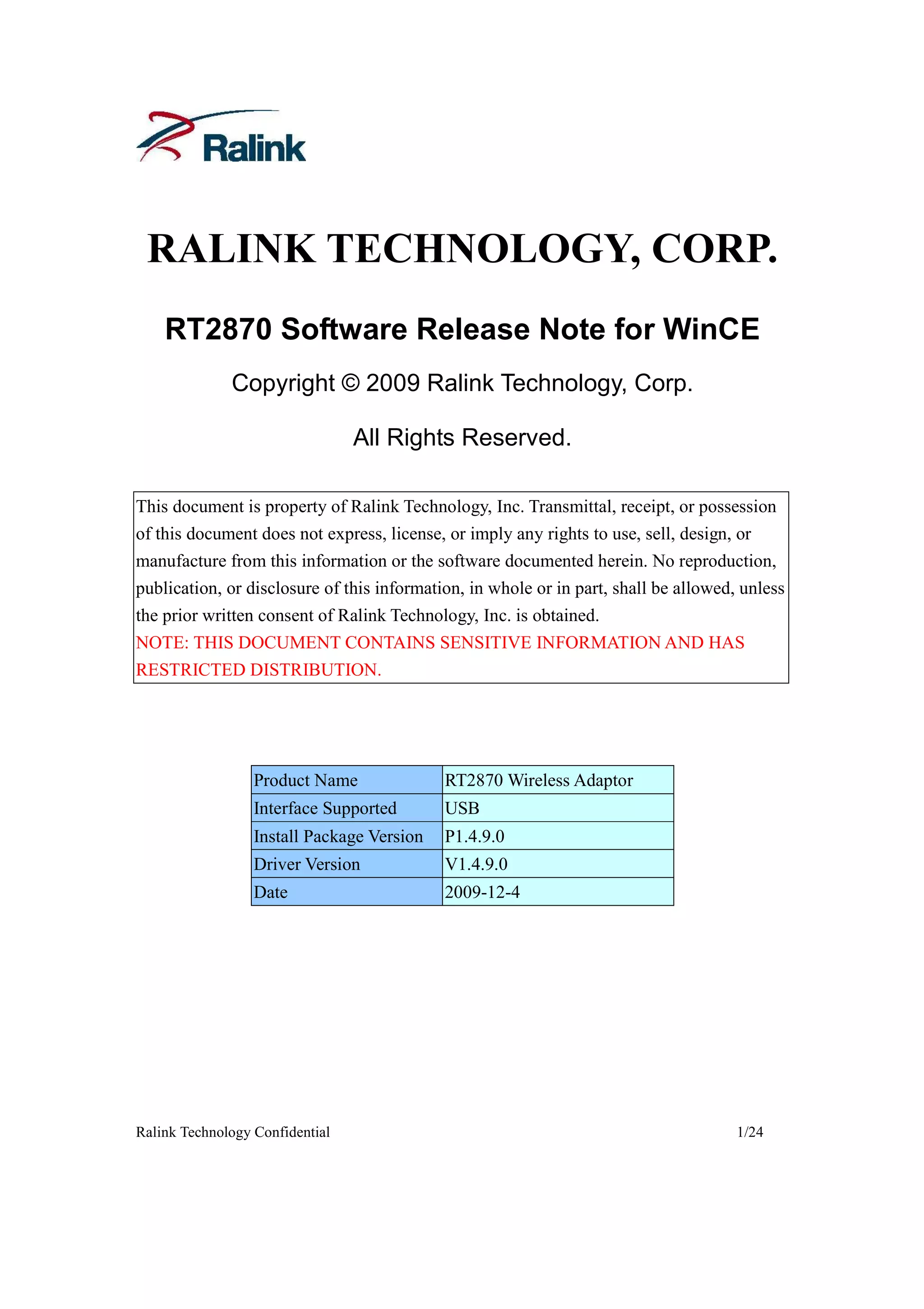 Rt2870 Software Release Note For Windows Ce | PDF