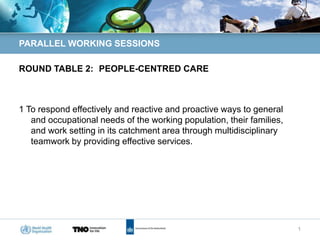 PARALLEL WORKING SESSIONS

ROUND TABLE 2: PEOPLE-CENTRED CARE



1 To respond effectively and reactive and proactive ways to general
   and occupational needs of the working population, their families,
   and work setting in its catchment area through multidisciplinary
   teamwork by providing effective services.




                                                                       1
 