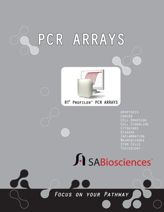 PCR ARRAYS

RT2 ProfilerTM PCR ARRAYS
Apoptosis
Cancer
Cell Adhesion
Cell Signaling
Cytokines
Disease
Inflammation
Neuroscience
Stem Cells
Toxicology

Focus on your Pathway

 