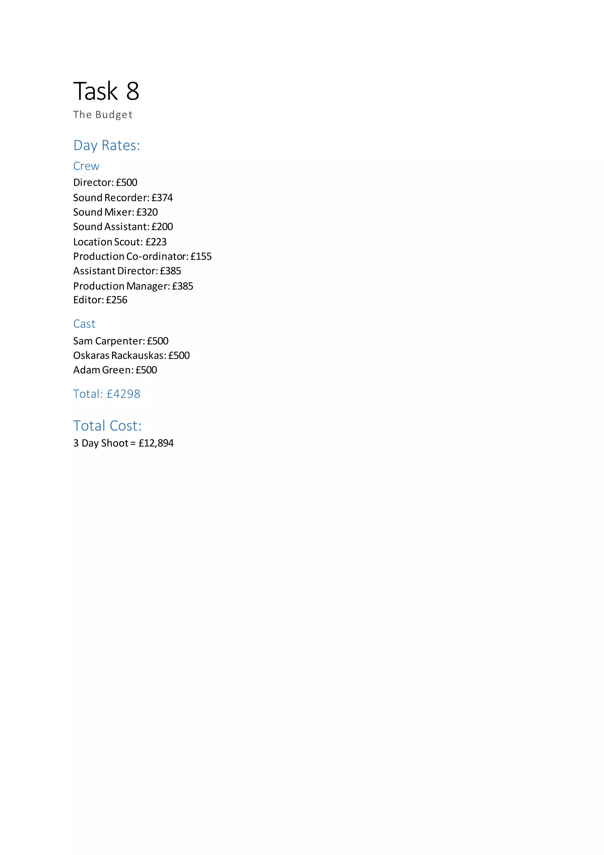 Task 8
The Budget
Day Rates:
Crew
Director:£500
SoundRecorder:£374
SoundMixer:£320
SoundAssistant:£200
LocationScout: £223
ProductionCo-ordinator:£155
AssistantDirector:£385
ProductionManager:£385
Editor:£256
Cast
Sam Carpenter:£500
OskarasRackauskas:£500
AdamGreen:£500
Total: £4298
Total Cost:
3 Day Shoot= £12,894