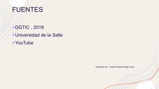 FUENTES
+DGTIC , 2019
+Universidad de la Salle
+YouTube
Realizado por: Aridait Fabiola Ortega López
 