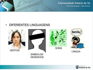 • DIFERENTES LINGUAGENS




                          SONS
  GESTOS                         LÍNGUA
            SIMBOLOS/
            DESENHOS
 