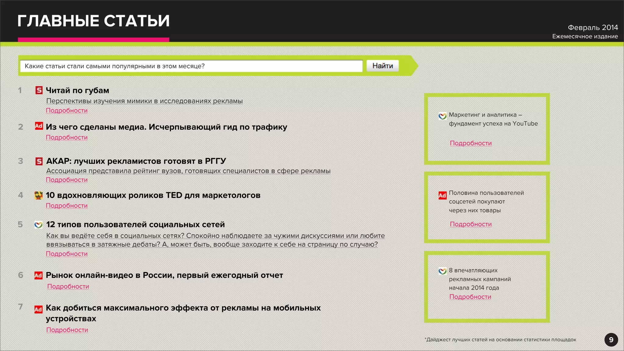 ГЛАВНЫЕ СТАТЬИ
Читай по губам
Подробности
Перспективы изучения мимики в исследованиях рекламы
Какие статьи стали самыми популярными в этом месяце?
1
Из чего сделаны медиа. Исчерпывающий гид по трафику
Подробности
2
АКАР: лучших рекламистов готовят в РГГУ
Подробности
3
10 вдохновляющих роликов TED для маркетологов
Подробности
4
12 типов пользователей социальных сетей
Подробности
5
Рынок онлайн-видео в России, первый ежегодный отчет
Подробности
6
Как добиться максимального эффекта от рекламы на мобильных
устройствах
Подробности
7
Маркетинг и аналитика –
фундамент успеха на YouTube
Подробности
Половина пользователей
соцсетей покупают
через них товары
Подробности
8 впечатляющих
рекламных кампаний
начала 2014 года
Подробности
9
Февраль 2014
Ежемесячное издание
*Дайджест лучших статей на основании статистики площадок
Ассоциация представила рейтинг вузов, готовящих специалистов в сфере рекламы
Как вы ведёте себя в социальных сетях? Спокойно наблюдаете за чужими дискуссиями или любите
ввязываться в затяжные дебаты? А, может быть, вообще заходите к себе на страницу по случаю?
 