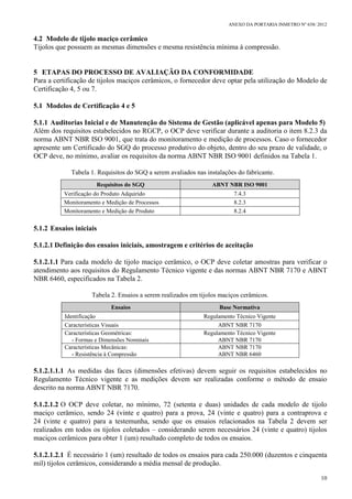 ANEXO DA PORTARIA INMETRO Nº 658/ 2012
10
4.2 Modelo de tijolo maciço cerâmico
Tijolos que possuem as mesmas dimensões e mesma resistência mínima à compressão.
5 ETAPAS DO PROCESSO DE AVALIAÇÃO DA CONFORMIDADE
Para a certificação de tijolos maciços cerâmicos, o fornecedor deve optar pela utilização do Modelo de
Certificação 4, 5 ou 7.
5.1 Modelos de Certificação 4 e 5
5.1.1 Auditorias Inicial e de Manutenção do Sistema de Gestão (aplicável apenas para Modelo 5)
Além dos requisitos estabelecidos no RGCP, o OCP deve verificar durante a auditoria o item 8.2.3 da
norma ABNT NBR ISO 9001, que trata do monitoramento e medição de processos. Caso o fornecedor
apresente um Certificado do SGQ do processo produtivo do objeto, dentro do seu prazo de validade, o
OCP deve, no mínimo, avaliar os requisitos da norma ABNT NBR ISO 9001 definidos na Tabela 1.
Tabela 1. Requisitos do SGQ a serem avaliados nas instalações do fabricante.
Requisitos do SGQ ABNT NBR ISO 9001
Verificação do Produto Adquirido 7.4.3
Monitoramento e Medição de Processos 8.2.3
Monitoramento e Medição de Produto 8.2.4
5.1.2 Ensaios iniciais
5.1.2.1 Definição dos ensaios iniciais, amostragem e critérios de aceitação
5.1.2.1.1 Para cada modelo de tijolo maciço cerâmico, o OCP deve coletar amostras para verificar o
atendimento aos requisitos do Regulamento Técnico vigente e das normas ABNT NBR 7170 e ABNT
NBR 6460, especificados na Tabela 2.
Tabela 2. Ensaios a serem realizados em tijolos maciços cerâmicos.
Ensaios Base Normativa
Identificação Regulamento Técnico Vigente
Características Visuais ABNT NBR 7170
Características Geométricas:
- Formas e Dimensões Nominais
Regulamento Técnico Vigente
ABNT NBR 7170
Características Mecânicas:
- Resistência à Compressão
ABNT NBR 7170
ABNT NBR 6460
5.1.2.1.1.1 As medidas das faces (dimensões efetivas) devem seguir os requisitos estabelecidos no
Regulamento Técnico vigente e as medições devem ser realizadas conforme o método de ensaio
descrito na norma ABNT NBR 7170.
5.1.2.1.2 O OCP deve coletar, no mínimo, 72 (setenta e duas) unidades de cada modelo de tijolo
maciço cerâmico, sendo 24 (vinte e quatro) para a prova, 24 (vinte e quatro) para a contraprova e
24 (vinte e quatro) para a testemunha, sendo que os ensaios relacionados na Tabela 2 devem ser
realizados em todos os tijolos coletados – considerando serem necessários 24 (vinte e quatro) tijolos
maciços cerâmicos para obter 1 (um) resultado completo de todos os ensaios.
5.1.2.1.2.1 É necessário 1 (um) resultado de todos os ensaios para cada 250.000 (duzentos e cinquenta
mil) tijolos cerâmicos, considerando a média mensal de produção.
 