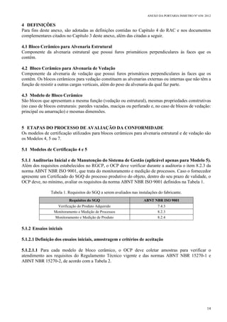 ANEXO DA PORTARIA INMETRO Nº 658/ 2012
14
4 DEFINIÇÕES
Para fins deste anexo, são adotadas as definições contidas no Capítulo 4 do RAC e nos documentos
complementares citados no Capítulo 3 deste anexo, além das citadas a seguir.
4.1 Bloco Cerâmico para Alvenaria Estrutural
Componente da alvenaria estrutural que possui furos prismáticos perpendiculares às faces que os
contêm.
4.2 Bloco Cerâmico para Alvenaria de Vedação
Componente da alvenaria de vedação que possui furos prismáticos perpendiculares às faces que os
contêm. Os blocos cerâmicos para vedação constituem as alvenarias externas ou internas que não têm a
função de resistir a outras cargas verticais, além do peso da alvenaria da qual faz parte.
4.3 Modelo de Bloco Cerâmico
São blocos que apresentam a mesma função (vedação ou estrutural), mesmas propriedades construtivas
(no caso de blocos estruturais: paredes vazadas, maciças ou perfurado e, no caso de blocos de vedação:
principal ou amarração) e mesmas dimensões.
5 ETAPAS DO PROCESSO DE AVALIAÇÃO DA CONFORMIDADE
Os modelos de certificação utilizados para blocos cerâmicos para alvenaria estrutural e de vedação são
os Modelos 4, 5 ou 7.
5.1 Modelos de Certificação 4 e 5
5.1.1 Auditorias Inicial e de Manutenção do Sistema de Gestão (aplicável apenas para Modelo 5).
Além dos requisitos estabelecidos no RGCP, o OCP deve verificar durante a auditoria o item 8.2.3 da
norma ABNT NBR ISO 9001, que trata do monitoramento e medição de processos. Caso o fornecedor
apresente um Certificado do SGQ do processo produtivo do objeto, dentro do seu prazo de validade, o
OCP deve, no mínimo, avaliar os requisitos da norma ABNT NBR ISO 9001 definidos na Tabela 1.
Tabela 1. Requisitos do SGQ a serem avaliados nas instalações do fabricante.
Requisitos do SGQ ABNT NBR ISO 9001
Verificação do Produto Adquirido 7.4.3
Monitoramento e Medição de Processos 8.2.3
Monitoramento e Medição de Produto 8.2.4
5.1.2 Ensaios iniciais
5.1.2.1 Definição dos ensaios iniciais, amostragem e critérios de aceitação
5.1.2.1.1 Para cada modelo de bloco cerâmico, o OCP deve coletar amostras para verificar o
atendimento aos requisitos do Regulamento Técnico vigente e das normas ABNT NBR 15270-1 e
ABNT NBR 15270-2, de acordo com a Tabela 2.
 