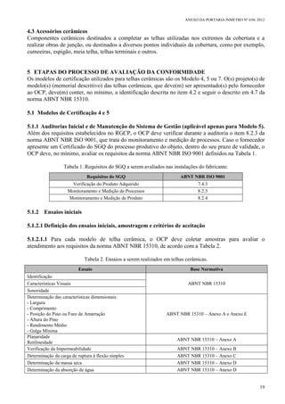 ANEXO DA PORTARIA INMETRO Nº 658/ 2012
19
4.3 Acessórios cerâmicos
Componentes cerâmicos destinados a completar as telhas utilizadas nos extremos da cobertura e a
realizar obras de junção, ou destinados a diversos pontos individuais da cobertura, como por exemplo,
cumeeiras, espigão, meia telha, telhas terminais e outros.
5 ETAPAS DO PROCESSO DE AVALIAÇÃO DA CONFORMIDADE
Os modelos de certificação utilizados para telhas cerâmicas são os Modelo 4, 5 ou 7. O(s) projeto(s) de
modelo(s) (memorial descritivo) das telhas cerâmicas, que deve(m) ser apresentado(s) pelo fornecedor
ao OCP, deve(m) conter, no mínimo, a identificação descrita no item 4.2 e seguir o descrito em 4.7 da
norma ABNT NBR 15310.
5.1 Modelos de Certificação 4 e 5
5.1.1 Auditorias Inicial e de Manutenção do Sistema de Gestão (aplicável apenas para Modelo 5).
Além dos requisitos estabelecidos no RGCP, o OCP deve verificar durante a auditoria o item 8.2.3 da
norma ABNT NBR ISO 9001, que trata do monitoramento e medição de processos. Caso o fornecedor
apresente um Certificado do SGQ do processo produtivo do objeto, dentro do seu prazo de validade, o
OCP deve, no mínimo, avaliar os requisitos da norma ABNT NBR ISO 9001 definidos na Tabela 1.
Tabela 1. Requisitos do SGQ a serem avaliados nas instalações do fabricante.
Requisitos do SGQ ABNT NBR ISO 9001
Verificação do Produto Adquirido 7.4.3
Monitoramento e Medição de Processos 8.2.3
Monitoramento e Medição de Produto 8.2.4
5.1.2 Ensaios iniciais
5.1.2.1 Definição dos ensaios iniciais, amostragem e critérios de aceitação
5.1.2.1.1 Para cada modelo de telha cerâmica, o OCP deve coletar amostras para avaliar o
atendimento aos requisitos da norma ABNT NBR 15310, de acordo com a Tabela 2.
Tabela 2. Ensaios a serem realizados em telhas cerâmicas.
Ensaio Base Normativa
Identificação
ABNT NBR 15310Características Visuais
Sonoridade
Determinação das características dimensionais:
- Largura
- Comprimento
- Posição do Pino ou Furo de Amarração
- Altura do Pino
- Rendimento Médio
- Galga Mínima
ABNT NBR 15310 – Anexo A e Anexo E
Planaridade
Retilineidade
ABNT NBR 15310 – Anexo A
Verificação da Impermeabilidade ABNT NBR 15310 – Anexo B
Determinação da carga de ruptura à flexão simples ABNT NBR 15310 – Anexo C
Determinação da massa seca ABNT NBR 15310 – Anexo D
Determinação da absorção de água ABNT NBR 15310 – Anexo D
 