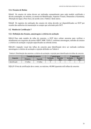 ANEXO DA PORTARIA INMETRO Nº 658/ 2012
26
5.1.4 Ensaios de Rotina
5.1.4.1 Os ensaios de rotina devem ser realizados semanalmente para cada modelo certificado e
devem contemplar, no mínimo, os ensaios de Identificação, Aspectos Visuais, Dimensões e Geometria,
Absorção de Água e Peso Seco, de acordo com a Tabela 2 deste anexo.
5.1.4.2 Os registros da realização dos ensaios de rotina deverão ser disponibilizados ao OCP por
ocasião das auditorias de manutenção ou sempre que solicitado pelo OCP.
5.2 Modelo de Certificação 7
5.2.1 Definição dos Ensaios, amostragem e critérios de aceitação
5.2.1.1 Para cada modelo de telha de concreto, o OCP deve coletar amostras para verificar o
atendimento aos requisitos da norma ABNT NBR 13858-2, conforme amostragem, métodos de ensaios
e critérios de aceitação e rejeição especificados na referida norma.
5.2.1.2 A inspeção visual das telhas de concreto para Identificação deve ser realizada conforme
amostragem e critérios de aceitação e rejeição definidos na Tabela 4.
Tabela 4. Distribuição das amostras e critérios de aceitação e rejeição para identificação de telhas de concreto.
Inspeção
Tamanho da amostra 1ª amostragem 2ª amostragem
Primeira Segunda
Aceitação
(Ac)
Rejeição
(Re)
Aceitação
(Ac)
Rejeição
(Re)
Identificação 13 telhas 13 telhas 0 4 1 5
5.2.1.3 O lote de certificação deve conter, no máximo, 40.000 (quarenta mil) telhas de concreto.
 
