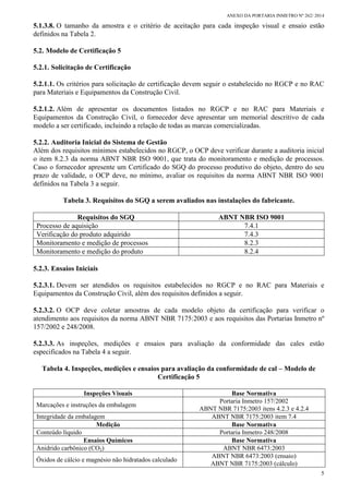ANEXO DA PORTARIA INMETRO Nº 262/ 2014
5
5.1.3.8. O tamanho da amostra e o critério de aceitação para cada inspeção visual e ensaio estão
definidos na Tabela 2.
5.2. Modelo de Certificação 5
5.2.1. Solicitação de Certificação
5.2.1.1. Os critérios para solicitação de certificação devem seguir o estabelecido no RGCP e no RAC
para Materiais e Equipamentos da Construção Civil.
5.2.1.2. Além de apresentar os documentos listados no RGCP e no RAC para Materiais e
Equipamentos da Construção Civil, o fornecedor deve apresentar um memorial descritivo de cada
modelo a ser certificado, incluindo a relação de todas as marcas comercializadas.
5.2.2. Auditoria Inicial do Sistema de Gestão
Além dos requisitos mínimos estabelecidos no RGCP, o OCP deve verificar durante a auditoria inicial
o item 8.2.3 da norma ABNT NBR ISO 9001, que trata do monitoramento e medição de processos.
Caso o fornecedor apresente um Certificado do SGQ do processo produtivo do objeto, dentro do seu
prazo de validade, o OCP deve, no mínimo, avaliar os requisitos da norma ABNT NBR ISO 9001
definidos na Tabela 3 a seguir.
Tabela 3. Requisitos do SGQ a serem avaliados nas instalações do fabricante.
Requisitos do SGQ ABNT NBR ISO 9001
Processo de aquisição 7.4.1
Verificação do produto adquirido 7.4.3
Monitoramento e medição de processos 8.2.3
Monitoramento e medição do produto 8.2.4
5.2.3. Ensaios Iniciais
5.2.3.1. Devem ser atendidos os requisitos estabelecidos no RGCP e no RAC para Materiais e
Equipamentos da Construção Civil, além dos requisitos definidos a seguir.
5.2.3.2. O OCP deve coletar amostras de cada modelo objeto da certificação para verificar o
atendimento aos requisitos da norma ABNT NBR 7175:2003 e aos requisitos das Portarias Inmetro nº
157/2002 e 248/2008.
5.2.3.3. As inspeções, medições e ensaios para avaliação da conformidade das cales estão
especificados na Tabela 4 a seguir.
Tabela 4. Inspeções, medições e ensaios para avaliação da conformidade de cal – Modelo de
Certificação 5
Inspeções Visuais Base Normativa
Marcações e instruções da embalagem
Portaria Inmetro 157/2002
ABNT NBR 7175:2003 itens 4.2.3 e 4.2.4
Integridade da embalagem ABNT NBR 7175:2003 item 7.4
Medição Base Normativa
Conteúdo líquido Portaria Inmetro 248/2008
Ensaios Químicos Base Normativa
Anidrido carbônico (CO2) ABNT NBR 6473:2003
Óxidos de cálcio e magnésio não hidratados calculado
ABNT NBR 6473:2003 (ensaio)
ABNT NBR 7175:2003 (cálculo)
 
