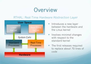 Overview
RTHAL: Real-Time Hardware Abstraction Layer
User Space
Linux
Kernel

Real-Time
Kernel
System Calls

Standard
Processes

Real-Time
Processes

—  Introduces a new layer

between the hardware and
the Linux kernel

—  Involves minimal changes
with respect to the
standard kernel

—  The first releases required

to replace about 70 lines of
code

Hardware

 
