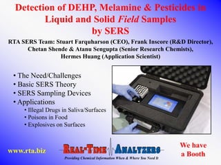 Detection of DEHP, Melamine & Pesticides in
         Liquid and Solid Field Samples
                   by SERS
RTA SERS Team: Stuart Farquharson (CEO), Frank Inscore (R&D Director),
      Chetan Shende & Atanu Sengupta (Senior Research Chemists),
                 Hermes Huang (Application Scientist)


 • The Need/Challenges
 • Basic SERS Theory
 • SERS Sampling Devices
 • Applications
     • Illegal Drugs in Saliva/Surfaces
     • Poisons in Food
     • Explosives on Surfaces


                                                                               We have
www.rta.biz                                                                    a Booth
                     Providing Chemical Information When & Where You Need It
 