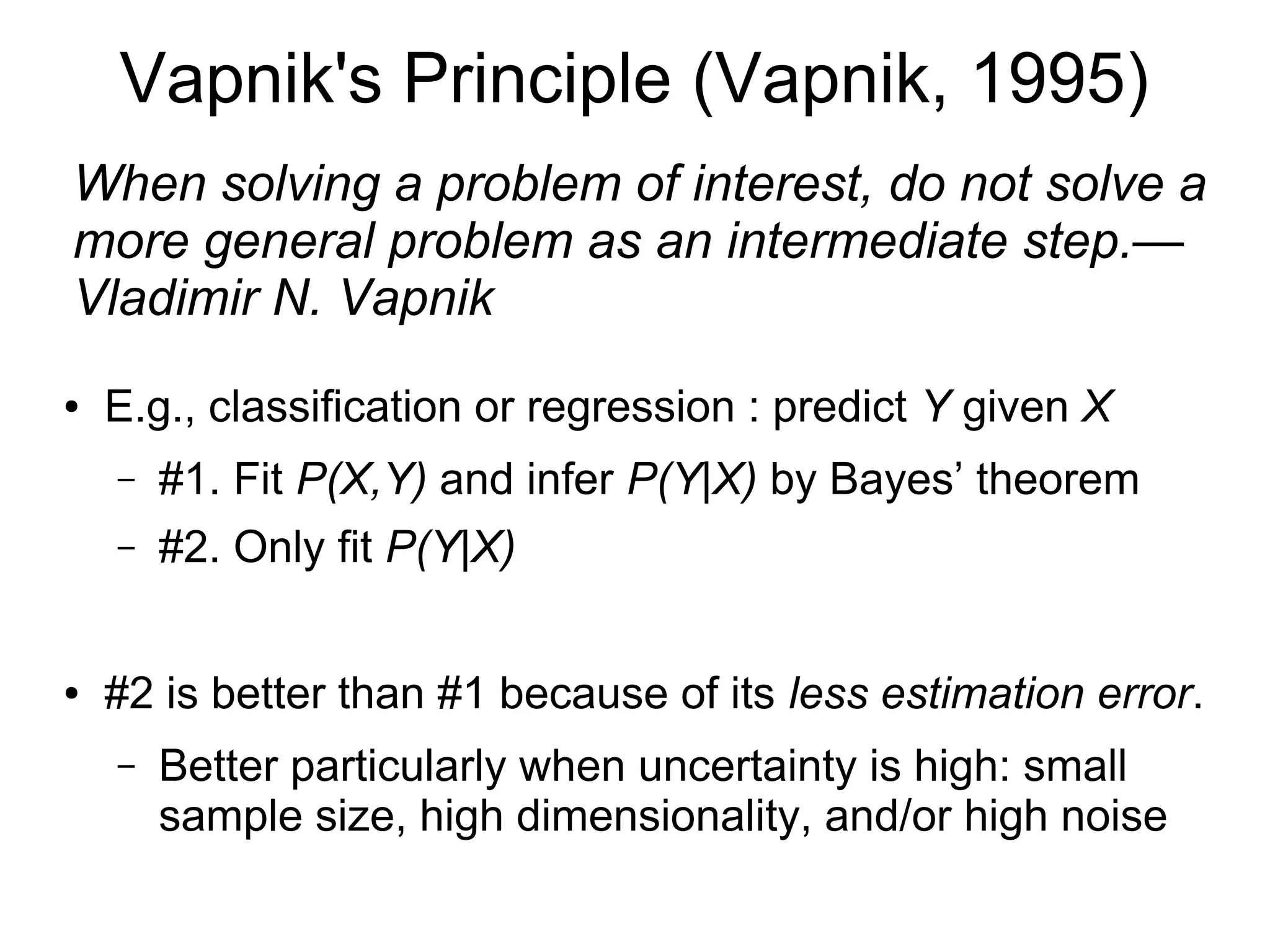 Optimization under Uncertainty
● Interval Estimation
(e.g., Bayesian)
– Quantify uncertainty
– Optimize over all
possible environments
● Minimal Estimation
(e.g., Vapnik)
– Omit intermediate step
– Solve the minimal
optimization problem
● Two principles are effective in practice.
 