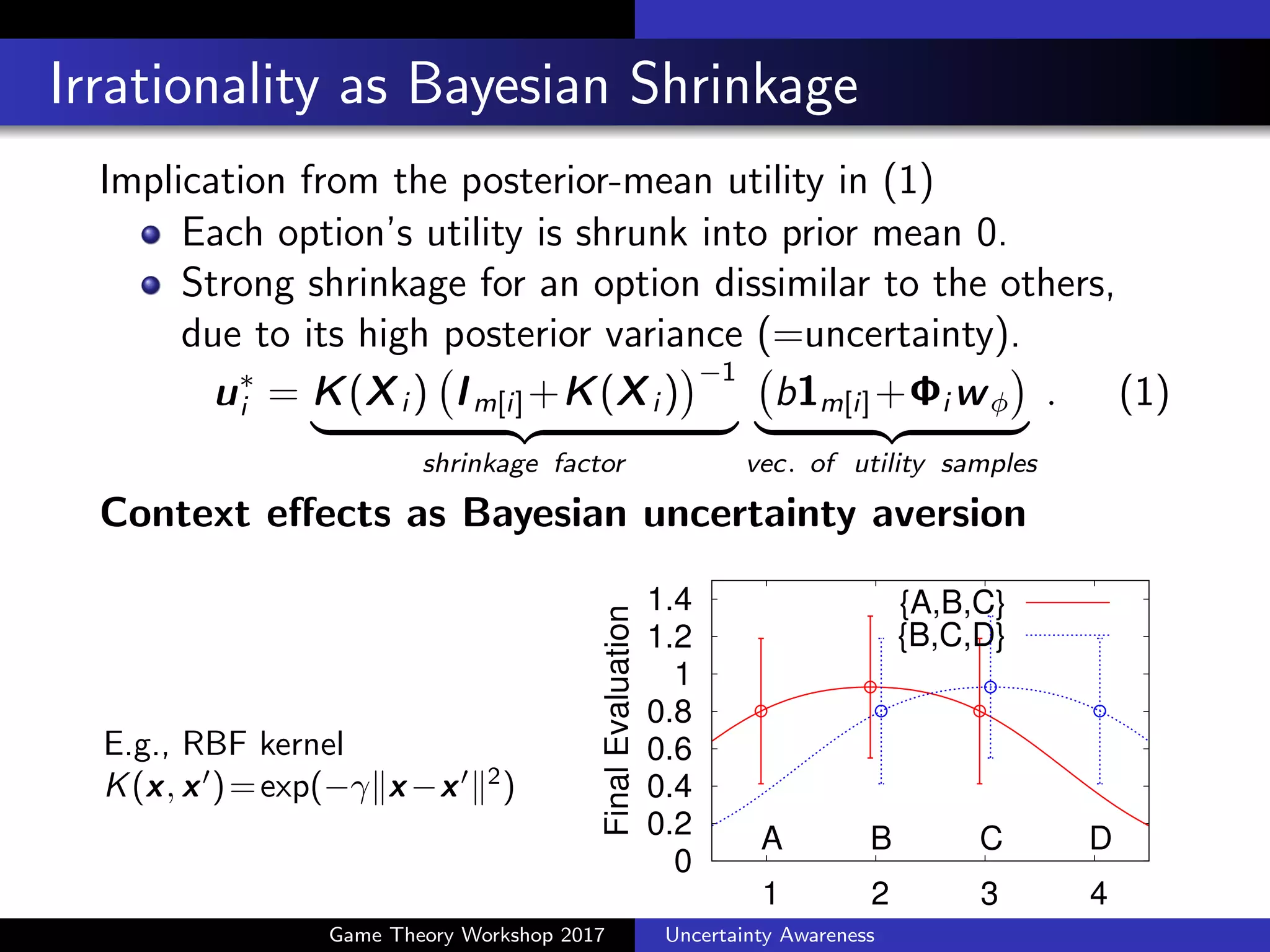 Key Idea #2: DMS is a Bayesian estimator
DMS does not know fUC but has utility samples {vij }
m[i]
j=1 .
Assumption 2: DMS places a choice-set-dependent Gaussian
Process (GP) prior on regressing the utility function.
µi ⇠ N 0m[i], 2
K(Xi )
K(Xi ) = (K(xij , xij0 ))2Rm[i]⇥m[i]
vi , (vi1, . . ., vim[i])>
⇠N µi , 2
Im[i]
µi 2Rm[i]
: vector of utility
2
: noise level
K(·, ·): similarity function
Xi , (xi1 2RdX
, . . . , xim[i])>
The posterior mean is given as
u⇤
i ,E[µi |vi , Xi , K] = K(Xi ) Im[i]+K(Xi )
1
b1m[i]+ i w .
Game Theory Workshop 2017 Uncertainty Awareness
 