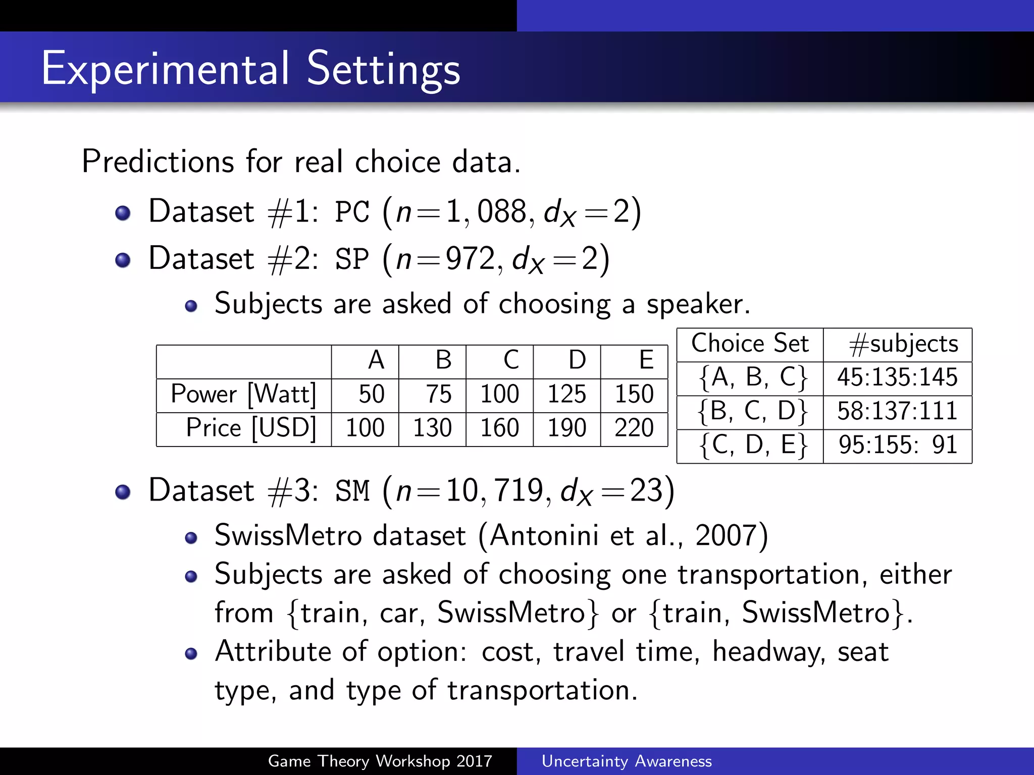 Convex Optimization for Model Parameters
Likelihood of the entire model is tractable, assuming the choice
is given by a logit whose mean utility is the posterior mean u⇤
i .
Thus we can ﬁt the function fUC from the choice data.
Conveniently, MAP estimation of fUC is convex for ﬁxed K.
bb, cw = max
b,w
nX
i=1
`(bHi 1m[i]+Hi i w , yi )
c
2
kw k2
where `(u⇤
i , yi ),log
exp(u⇤
iyi
)
Pm[i]
j0=1exp(u⇤
ij0 )
and Hi ,K(Xi )(Im[i]+K(Xi )) 1
Game Theory Workshop 2017 Uncertainty Awareness
 