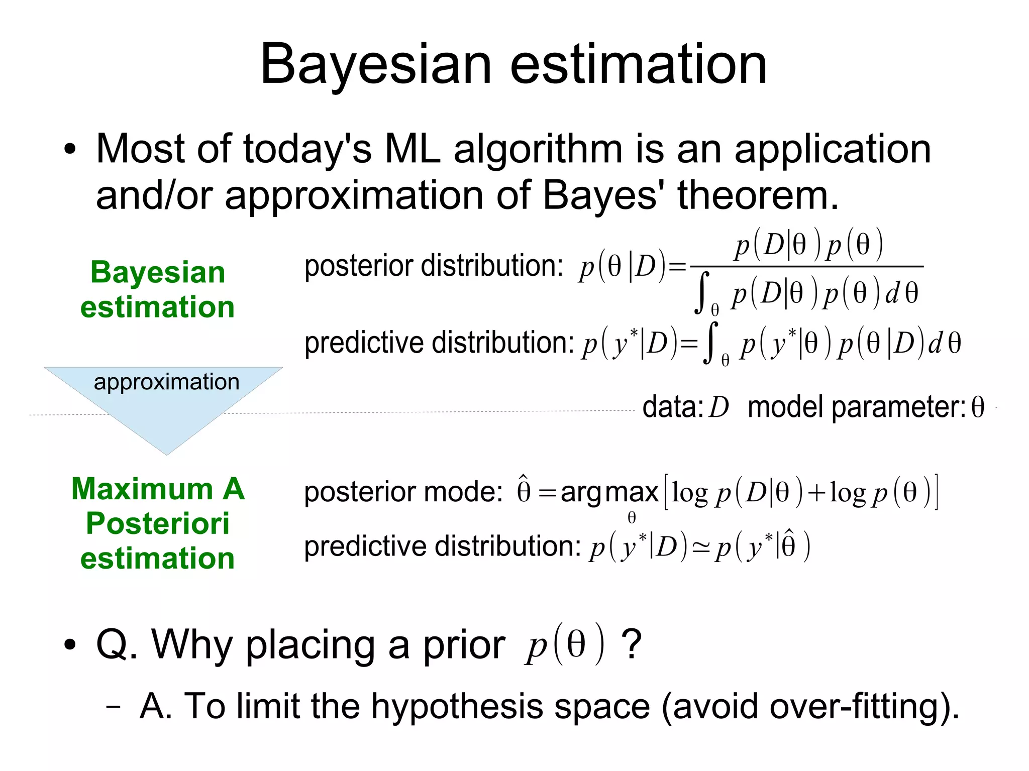 Estimation via Bayes' theorem
● Basis behind today's most ML algorithm
posterior distribution: p(θ∣D)=
p(D∣θ ) p(θ)
∫θ
p(D∣θ ) p(θ)d θ
predictive distribution: p( y∗
∣D)=∫θ
p( y∗
∣θ) p(θ∣D)d θ
posterior mode: ̂θ =argmax
θ
[log p(D∣θ )+log p(θ )]
predictive distribution: p( y∗
∣D)≃p( y∗
∣̂θ )
Maximum A
Posteriori
estimation
Bayesian
estimation
p(θ )
approximation
● Q. Why placing a prior ?
– A1. To quantify uncertainty as posterior
– A2. To avoid overfitting
data:D model parameter:θ
 