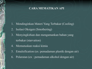 CARA MEMATIKAN API
1. Mendinginkan Materi Yang Terbakar (Cooling)
2. Isolasi Oksigen (Smothering)
3. Menyingkirkan dan mengamankan bahan yang
terbakar (starvation)
4. Memutuskan reaksi kimia
5. Emulsification (ex :pemadaman plastik dengan air)
6. Pelarutan (ex : pemadaman alkohol dengan air)
 