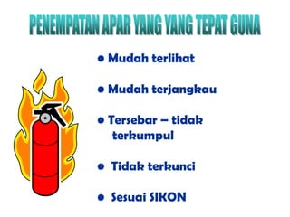 • Mudah terlihat
• Mudah terjangkau
• Tersebar – tidak
terkumpul
• Tidak terkunci
• Sesuai SIKON
 