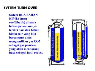 SYSTEM TURN OVER
Sistem DUA BAHAN
KIMIA (turn
ove/dibalik) dimana
bahan pemadamnya
terdiri dari dua bahan
kimia cair yang bila
bercampur akan
menghasilkan gas CO2
sebagai gas penekan
yang akan mendorong
busa sebagai hasil reaksi.
 