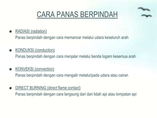 CARA PANAS BERPINDAH
RADIASI (radiation)
Panas berpindah dengan cara memancar melalui udara keseluruh arah
KONDUKSI (conduction)
Panas berpindah dengan cara menjalar melalui benda logam kesemua arah
KONVEKSI (convection)
Panas berpindah dengan cara mengalir melalui/pada udara atau cairan
DIRECT BURNING (direct flame contact)
Panas berpindah dengan cara langsung dari dari lidah api atau lompatan api
 