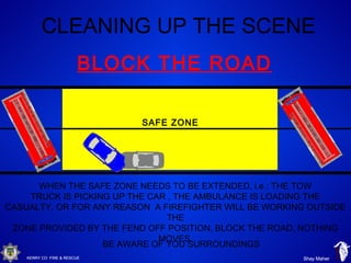 KERRY CO FIRE & RESCUE Shay Maher
CLEANING UP THE SCENE
BLOCK THE ROAD
WHEN THE SAFE ZONE NEEDS TO BE EXTENDED, i.e.: THE TOW
TRUCK IS PICKING UP THE CAR , THE AMBULANCE IS LOADING THE
CASUALTY, OR FOR ANY REASON A FIREFIGHTER WILL BE WORKING OUTSIDE
THE
ZONE PROVIDED BY THE FEND OFF POSITION, BLOCK THE ROAD, NOTHING
MOVES.
BE AWARE OF YOU SURROUNDINGS
SAFE ZONE
KERRY CO FIRE & RESCUE Shay Maher
 