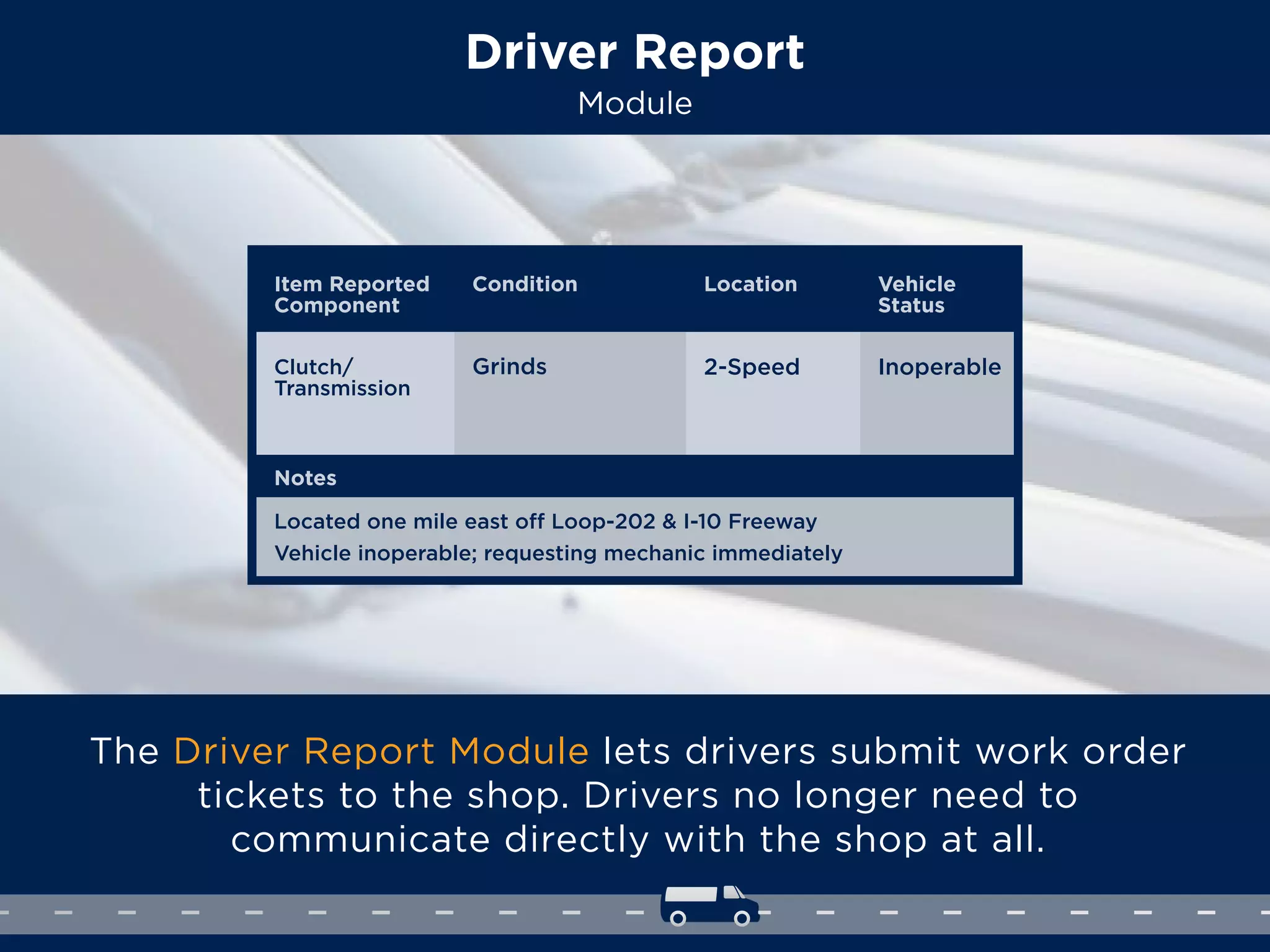 Driver Report
Module
The Driver Report Module lets drivers submit work order
tickets to the shop. Drivers no longer need to
communicate directly with the shop at all.
Item Reported
Component
Notes
Condition Location Vehicle
Status
Clutch/
Transmission
Grinds 2-Speed Inoperable
Located one mile east off Loop-202 & I-10 Freeway
Vehicle inoperable; requesting mechanic immediately
 