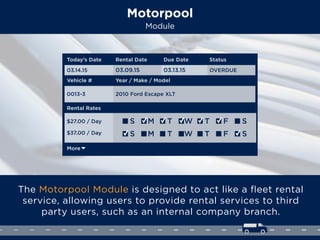 Motorpool
Module
The Motorpool Module is designed to act like a ﬂeet rental
service, allowing users to provide rental serv...