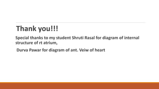 Thank you!!!
Special thanks to my student Shruti Rasal for diagram of internal
structure of rt atrium,
Durva Pawar for diagram of ant. Veiw of heart
 