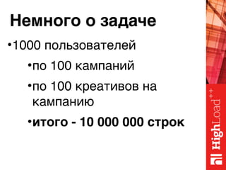Немного о задаче
•1000 пользователей
•по 100 кампаний
•по 100 креативов на
кампанию
•итого - 10 000 000 строк
 