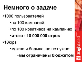 Немного о задаче
•1000 пользователей
•по 100 кампаний
•по 100 креативов на кампанию
•итого - 10 000 000 строк
•10krps
•можно и больше, но не нужно
•мы ограничены бюджетом
 