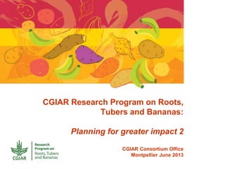CGIAR Research Program on Roots,
Tubers and Bananas:
Planning for greater impact 2
CGIAR Consortium Office
Montpellier June 2013
 