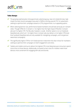 Adform RTB Trend Report Europe
MAKING DISPLAY ADVERTISING SIMPLE, RELEVANT, REWARDING 19
CTR
Take-Aways
The growing sophistication of programmatic advertising (e.g. new rich-media formats, high
impact formats, brand campaigns executed in PMPs) is driving overall CTR. For advertisers
seeking to optimize their campaigns based on CTR, programmatic is an appealing option.
When selecting banner size, performance-based marketers should look seriously at in-stream
video. Though CPMs for in-stream is 1.6x higher than the high-impact 970x250, in-stream
ads earn 5x higher CTR. The flip side, however, is scale. Another option is to run Facebook
Newsfeed ads, which are 1.3x higher than in-stream ads, but deliver a 2.2x higher CTR (note
that Facebook Newsfeed ads are only available for retargeting campaigns, and not general
awareness campaigns).
The significantly higher CTR for rich-media banners make them the clear choice for marketers
seeking to optimize their campaigns on both engagement and clicks.
Tablets and mobile continue to deliver the highest CTR, most likely because consumers spend
more time on those devices. Additionally, increased screen sizes for mobiles make those
devices more convenient for engaging with ads and brands.
 