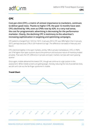 Adform RTB Trend Report Europe
MAKING DISPLAY ADVERTISING SIMPLE, RELEVANT, REWARDING 20
CPC
CPC
Cost-per-click (CPC), a metric of utmost importance to marketers, continues
to deliver good news. Thanks to higher CTR, the past 12 months have seen
CPCs declined by 14%, even as CPMs rose by 42%. In a very real sense,
the cost for programmatic advertising is decreasing for the performance
marketer. Clearly, the declining CPC is testimony to the advertiser’s
increasing sophistication in targeting and optimizing campaigns.
CPC patterns changed from 1Q14 to 1Q15. In January 2014, CPC was 38% higher than in January
2015, perhaps because CTRs in 2014 weren’t as high. The difference narrowed in February and
March.
CPCs declined slightly in the open markets, and by 18% in private marketplaces. CPCs in PMPs
are 31% higher than open auctions due to the premium and exclusive nature of inventory traded
privately. That said, the CPC difference in private and open markets narrows with each passing
quarter.
Once again, mobile delivered the lowest CPC, though we continue to urge caution in this
assessment. While mobile screens are getting larger, thereby reducing the risk of accidental clicks,
we still can’t rule out the fat-finger syndrome in mobile.
Trend Chart
O
ct-14
N
ov-14
D
ec-14
Jan-15
Feb-15
M
ar-15
Apr-14
M
ay-14
Aug-14
Jul-14
Jun-14
Sep-14
 