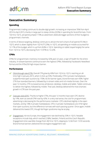 Adform RTB Trend Report Europe
MAKING DISPLAY ADVERTISING SIMPLE, RELEVANT, REWARDING 3
Executive Summary
Executive Summary
Spending
Programmatic trading continues its double-digit growth, increasing an impressive 76% from April
2014 to April 2015, thanks in large part to steep climbs (333%) in spending for brand formats. From
1Q14 to 1Q15, ad spend jumped 119% as advertisers dedicate bigger portions of their budget to
programmatic channels.
In terms of device targeting, desktop continues to attract the lion’s share of ad spend (75.5%) in
1Q15, which is down slightly from 1Q14 (77.23%). In 1Q15, ad spending on mobile accounted for
12.17% of the budget, which is up from 8.8% in 1Q14. Spending on tablet stayed largely the same
from 1Q14 to 1Q15, decreasing from 13.97% to 12.22%.
CPMs
CPMs for programmatic inventory increased by 42% year-on-year, a sign of health for the entire
industry. In-stream banners continue to earn the highest CPMs, followed by Facebook’s Newsfeed
format and the 970x250 high-impact banner.
Performance
Click-through rate (CTR). Overall CTR grew by 40% from 1Q14 to 1Q15, reaching an all-
time high in January 2015, when it shot up 55%. Predictably, CTR in private marketplaces
outperformed open auctions by 170%. As for banner types, brand formats earn 90% higher
CTR than standard banners, followed by in-stream video and rich-media formats. Over the
past 12 months, CTR increased across all devices: desktop, mobile and tablet. Tablet continues
to deliver the highest, followed by mobile. That said, desktop delivered the most dramatic
growth in CTR over the past year.
Cost-per-click (CPC). Thanks to higher CTRs, the past 12 months have seen CPC decline
by 14%, even as overall CPM rose by 42%. In a very real sense, the cost for programmatic
advertising is decreasing for the performance marketer. CPCs declined slightly in the open
markets, and by 18% in private marketplaces. CPCs in private marketplaces are 31% higher
than open auctions, but the difference narrows with each passing quarter. Once again, mobile
delivered the lowest CPC, though fat-finger syndrome may be at play.
Engagement. Across Europe, the engagement rate declined by 33% in 1Q15. Notable
exceptions include Italy, which reached 2.98%, Sweden, Finland and the Czech Republic.
Engagement time saw little change from 4Q14 to 1Q15, slipping to 12.66 from 13.93 seconds.
Brand format banners delivered the strongest engagement rate.
 