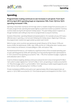 Adform RTB Trend Report Europe
MAKING DISPLAY ADVERTISING SIMPLE, RELEVANT, REWARDING 5
Spending
Spending
Programmatic trading continues to see increases in ad spend. From April
2014 to April 2015 spending leapt an impressive 76%. From 1Q14 to 1Q15
spending increased 119%.
Spending in December reached an all time high, which is notable change from previous years. In
the past, programmatic spending decreased slightly as advertisers locked up publisher inventory
via direct deals during the all-important holiday season. This past holiday season it appears as
though marketers were willing to rely more on programmatic to acquire inventory.
Outside of December, spending followed anticipated patterns. For example, January 2015 saw a
28% decrease in spending, a normal event following the holiday season. Beginning in February,
the programmatic market once again picked up steam each month.
Within Europe, some countries saw spectacular growth (Slovenia: 871%, Poland: 737% and
Austria: 643%, the Netherlands: 259%, Italy: 239% and the UK 124%) while other markets saw a
more modest, but still decent, increases (Belgium: 20% and Iceland 15%).
No doubt brand formats (i.e. rich media) are a significant driver of the increased spending; year-
on-year spending grew by 333%, with spending mirroring overall programmatic spend patterns.
In 1Q15, brand format spending accounted for 16% – 17% of the marketer’s budget, roughly the
same allocation seen in 4Q14.
In terms of device targeting, desktop continues to attract the lion’s share of ad spend (75.5%) in
1Q15, which is down slightly from 1Q14 (77.23%). In 1Q15, ad spending on mobile accounted for
12.17% of the budget, which is up from 8.8% in 1Q14. Spending on tablet stayed largely the same
from 1Q14 to 1Q15, decreasing from 13.97% to 12.22%.
Private marketplaces (PMPs) continued to earn approximately 25% of total programmatic ad
spend. In 1Q14, PMPs accounted for 25.11% of total ad spend, and dropped to 24.57% in 1Q15.
 