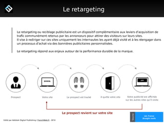 Edité par AdsVark Digital Publishing / FrenchWeb.fr - 2014
1/ Le programme Start Me Up!
Le retargeting
Alibaba
Usine Digitale
iab. France
Straight north
Source
Le retargeting ou reciblage publicitaire est un dispositif complémentaire aux leviers d’acquisition de
traﬁc communément retenus par les annonceurs pour attirer des visiteurs sur leurs sites.
Il vise à rediriger sur ces sites uniquement les internautes les ayant déjà visité et à les réengager dans
un processus d’achat via des bannières publicitaires personnalisées.
!
Le retargeting répond aux enjeux autour de la performance durable de la marque.
!
!
Prospect Votre site Le prospect est tracké Il quitte votre site Votre publicité est aﬃchée
sur les autres sites qu’il visite
www. pub
Le prospect revient sur votre site
 