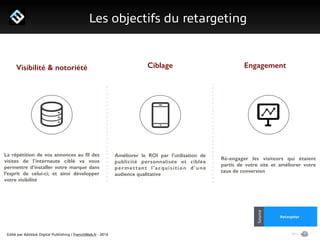 Edité par AdsVark Digital Publishing / FrenchWeb.fr - 2014
1/ Le programme Start Me Up!
Les objectifs du retargeting
Source
Retargeter
Source
Visibilité & notoriété
Améliorer le ROI par l’utilisation de
publicité personnalisée et ciblée
permettant l’acquisition d’une
audience qualitative
!
Ciblage Engagement
La répétition de vos annonces au ﬁl des
visites de l’internaute ciblé va vous
permettre d’installer votre marque dans
l’esprit de celui-ci; et ainsi développer
votre visibilité
!
Ré-engager les visiteurs qui étaient
partis de votre site et améliorer votre
taux de conversion
!
 