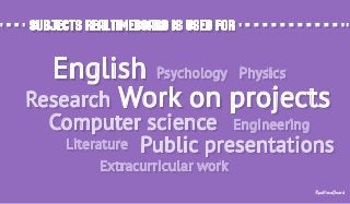 Subjects RealtimeBoard is used forSubjects RealtimeBoard is used for
EnglishEnglish PsychologyPsychology
EngineeringEngineeringComputer scienceComputer science
Work on projectsWork on projects
LiteratureLiterature
Extracurricular workExtracurricular work
ResearchResearch
Public presentationsPublic presentations
PhysicsPhysics
RealtimeBoard
 