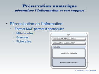 Préservation numérique
pérenniser l’information et son support
• Pérennisation de l’information
• Format MXF permet d’encapsuler
• Métadonnées
• Essences
• Fichiers liés
© 2014 RTBF - DGTE - Archivage
 