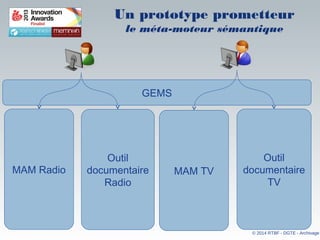 MAM Radio
Outil
documentaire
Radio
MAM TV
Outil
documentaire
TV
GEMS
Un prototype prometteur
le méta-moteur sémantique
© 2014 RTBF - DGTE - Archivage
 