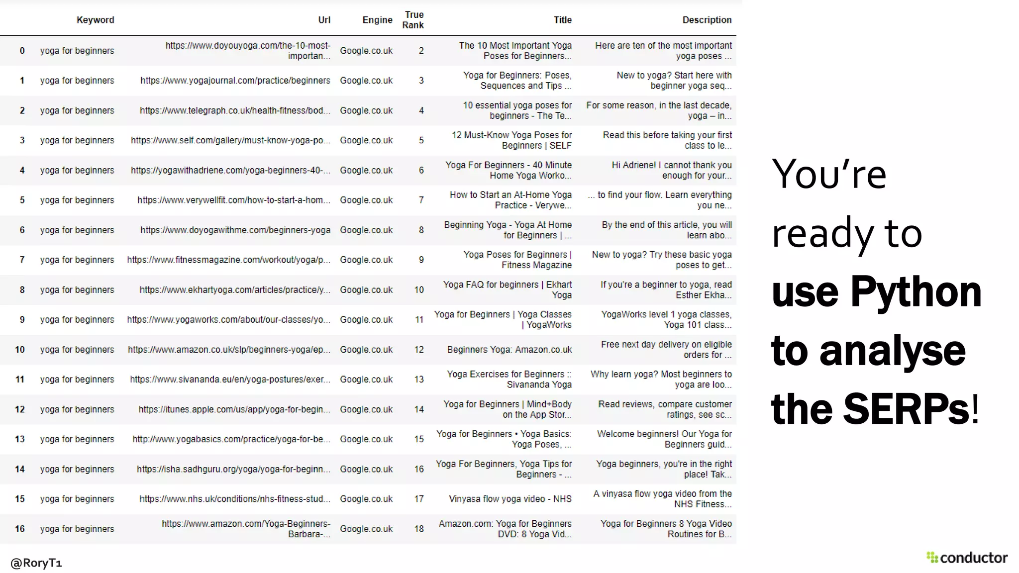 You’re
ready to
use Python
to analyse
the SERPs!
@RoryT1
 