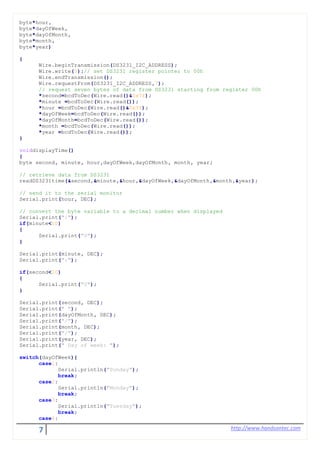 7 http://www.handsontec.com
byte*hour,
byte*dayOfWeek,
byte*dayOfMonth,
byte*month,
byte*year)
{
Wire.beginTransmission(DS3231_I2C_ADDRESS);
Wire.write(0);// set DS3231 register pointer to 00h
Wire.endTransmission();
Wire.requestFrom(DS3231_I2C_ADDRESS,7);
// request seven bytes of data from DS3231 starting from register 00h
*second=bcdToDec(Wire.read()&0x7f);
*minute =bcdToDec(Wire.read());
*hour =bcdToDec(Wire.read()&0x3f);
*dayOfWeek=bcdToDec(Wire.read());
*dayOfMonth=bcdToDec(Wire.read());
*month =bcdToDec(Wire.read());
*year =bcdToDec(Wire.read());
}
voiddisplayTime()
{
byte second, minute, hour,dayOfWeek,dayOfMonth, month, year;
// retrieve data from DS3231
readDS3231time(&second,&minute,&hour,&dayOfWeek,&dayOfMonth,&month,&year);
// send it to the serial monitor
Serial.print(hour, DEC);
// convert the byte variable to a decimal number when displayed
Serial.print(":");
if(minute<10)
{
Serial.print("0");
}
Serial.print(minute, DEC);
Serial.print(":");
if(second<10)
{
Serial.print("0");
}
Serial.print(second, DEC);
Serial.print(" ");
Serial.print(dayOfMonth, DEC);
Serial.print("/");
Serial.print(month, DEC);
Serial.print("/");
Serial.print(year, DEC);
Serial.print(" Day of week: ");
switch(dayOfWeek){
case1:
Serial.println("Sunday");
break;
case2:
Serial.println("Monday");
break;
case3:
Serial.println("Tuesday");
break;
case4:
 