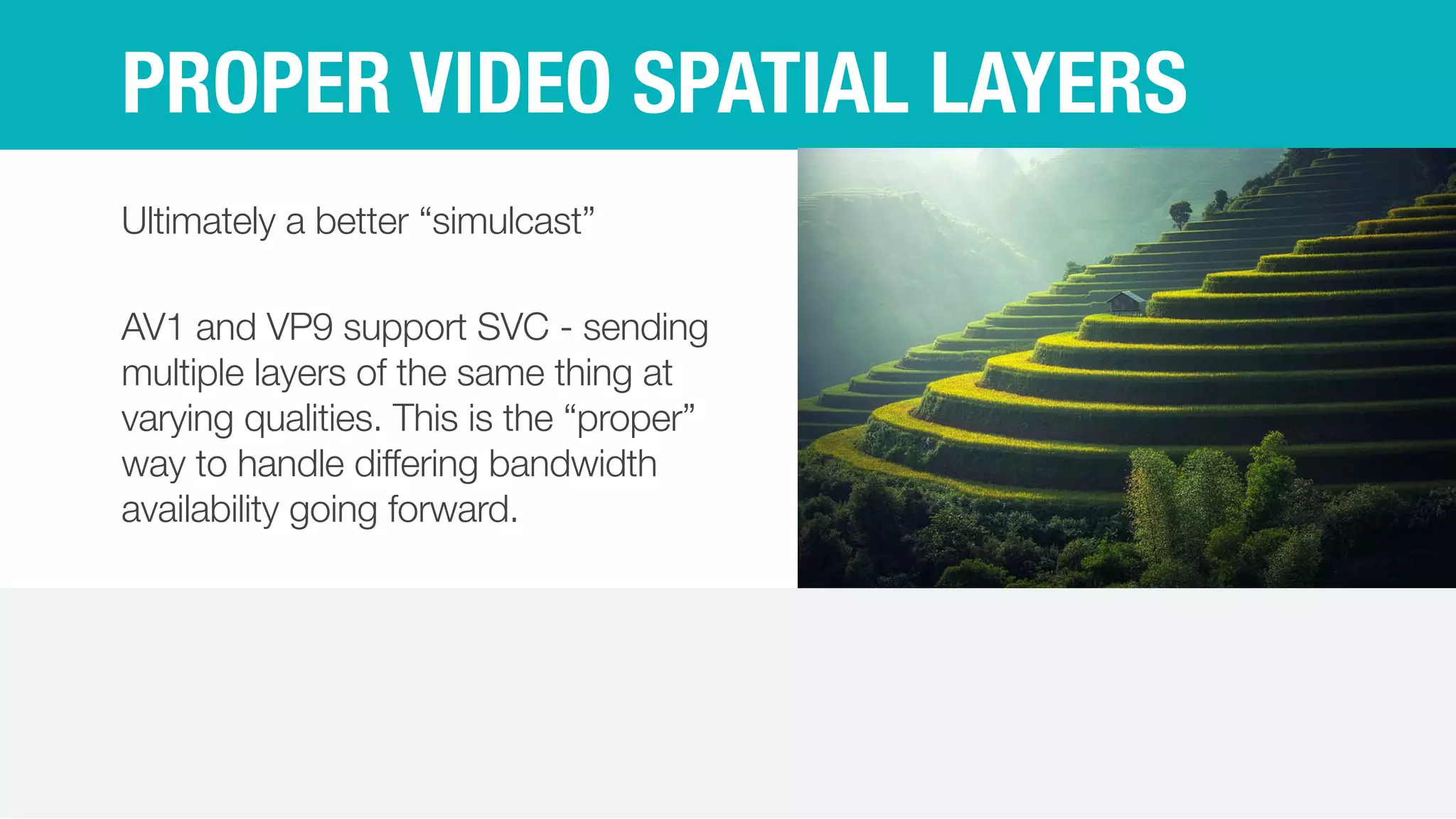 PROPER VIDEO SPATIAL LAYERS
Ultimately a better “simulcast”


AV1 and VP9 support SVC - sending
multiple layers of the same thing at
varying qualities. This is the “proper”
way to handle differing bandwidth
availability going forward.
 