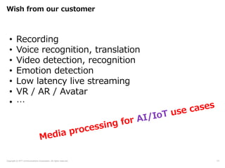 Copyright © NTT Communications Corporation. All rights reserved.
Wish from our customer
11
• Recording
• Voice recognition, translation
• Video detection, recognition
• Emotion detection
• Low latency live streaming
• VR / AR / Avatar
• …
 