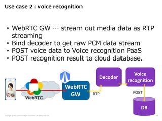 Copyright © NTT Communications Corporation. All rights reserved.
Use case 2 : voice recognition
18
• WebRTC GW … stream out media data as RTP
streaming
• Bind decoder to get raw PCM data stream
• POST voice data to Voice recognition PaaS
• POST recognition result to cloud database.
WebRTC
GW
Decoder
RTP
DB
POST
Voice
recognition
 