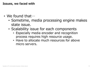 Copyright © NTT Communications Corporation. All rights reserved.
Issues, we faced with
22
• We found that…
• Sometime, media processing engine makes
state issue.
• Scalability issue for each components
• Especially media encoder and recognition
process requires high resource usage.
• Have to allocate much resources for above
micro servers.
 