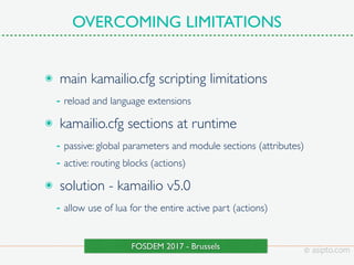 OVERCOMING LIMITATIONS
๏ main kamailio.cfg scripting limitations
➡ reload and language extensions
๏ kamailio.cfg sections ...